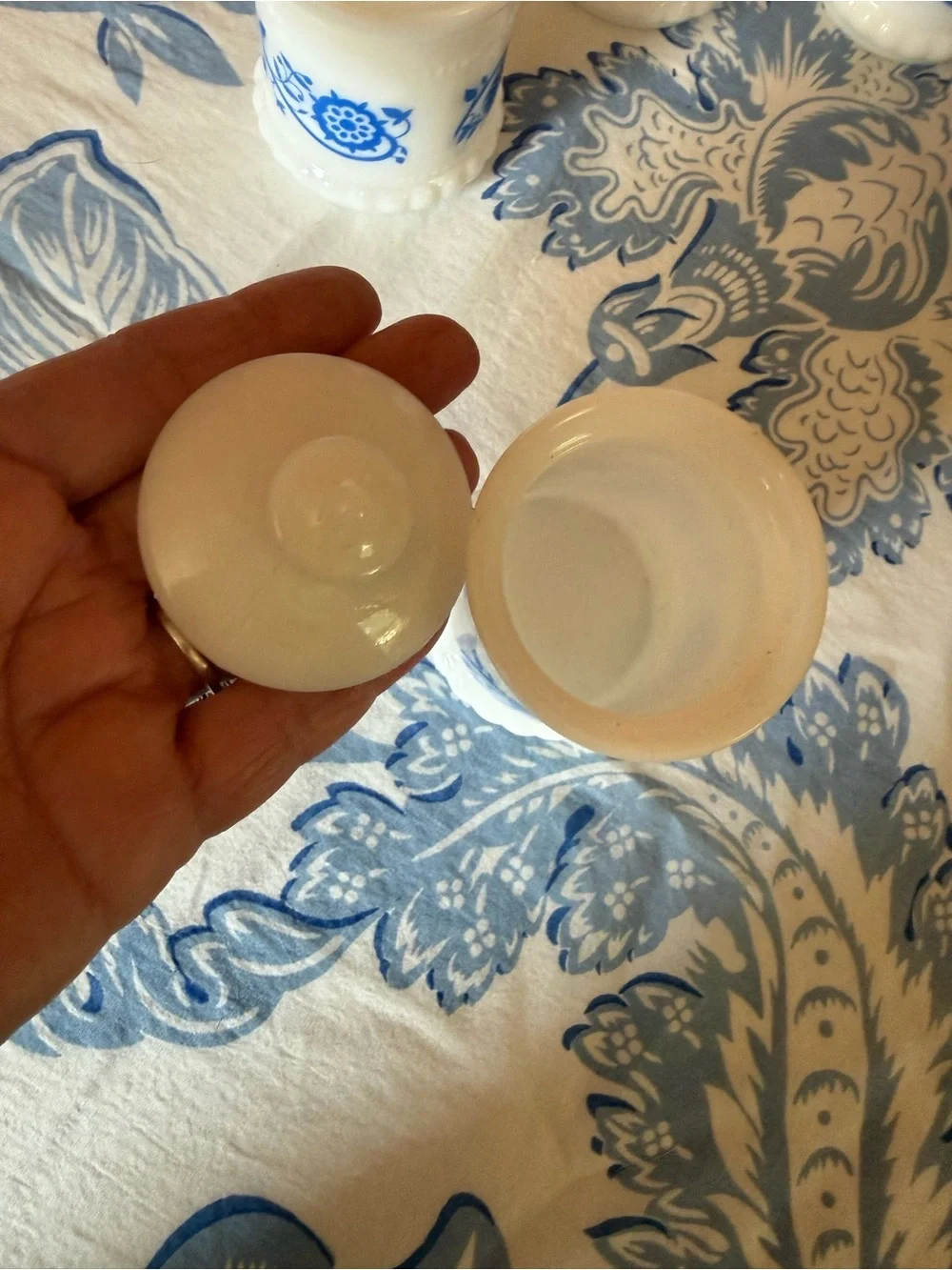 Set Of 5 Vintage Hazel Atlas Milk Glass Blue Floral Pattern Jar with Lid Trinket